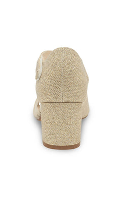 Back view of a gold glitter Foster Champagne Prom Shoes: Touch Ups 4679 open-toe block-heel sandal.
