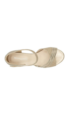 Foster Champagne Prom Shoes: Touch Ups 4679 are champagne-colored glittery open-toe sandals with a block heel, an ankle strap, and crossover toe straps.