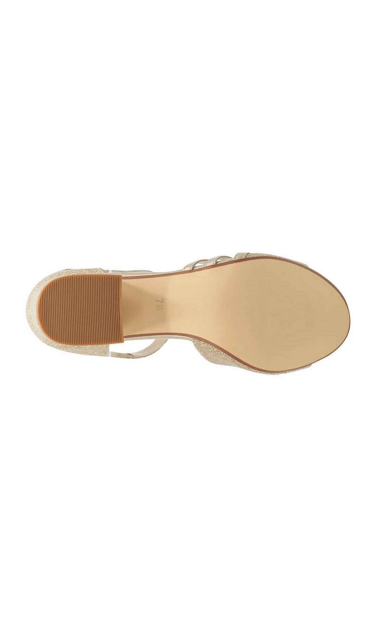 Bottom view of a shimmering champagne-colored Foster Champagne Prom Shoes: Touch Ups 4679 block heel sandal.