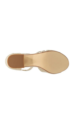 Bottom view of a shimmering champagne-colored Foster Champagne Prom Shoes: Touch Ups 4679 block heel sandal.