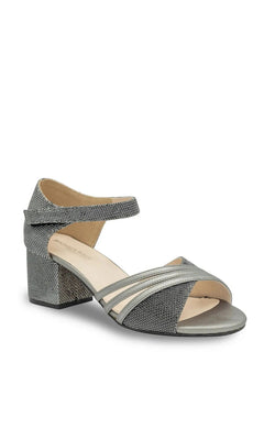 Foster Pewter Prom Shoes: Touch Ups 4681 pewter glitter mid-heel sandal with an ankle strap and crisscross front straps.