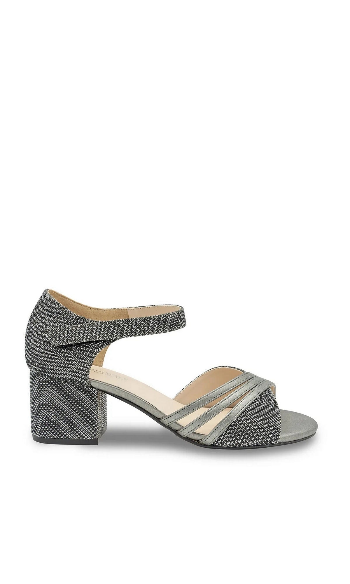 Foster Pewter Prom Shoes: Touch Ups 4681, a pewter glitter mid-heel sandal with an ankle strap and multiple thin toe straps.