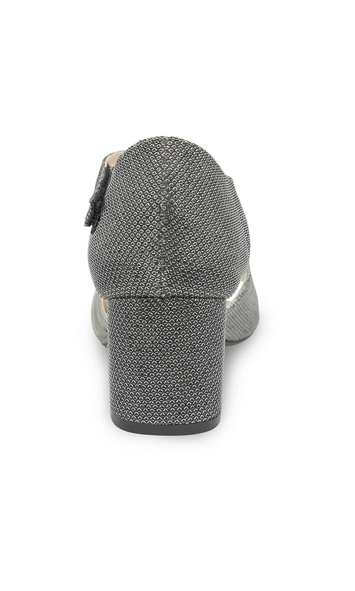 Back view of a textured pewter Foster Pewter Prom Shoes: Touch Ups 4681 block-heel pump with a side strap.