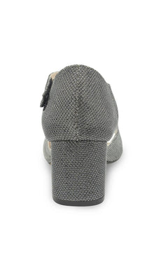 Back view of a textured pewter Foster Pewter Prom Shoes: Touch Ups 4681 block-heel pump with a side strap.