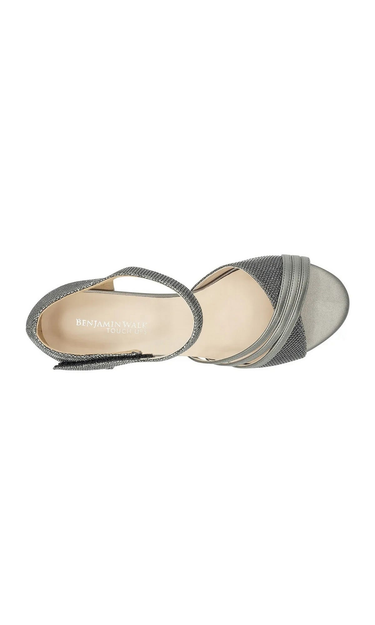 Foster Pewter Prom Shoes: Touch Ups 4681, a pewter-colored strappy high-heeled sandal with an ankle strap, perfect as glitter prom shoes.