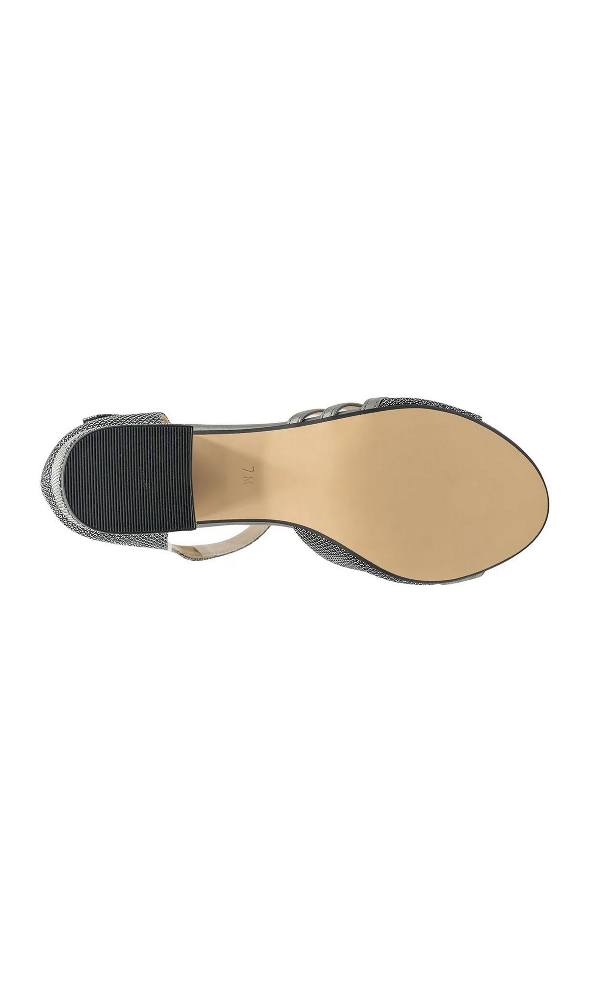 Bottom view of a Foster Pewter Prom Shoes: Touch Ups 4681 metallic pewter low-heel prom shoe with an ankle strap.