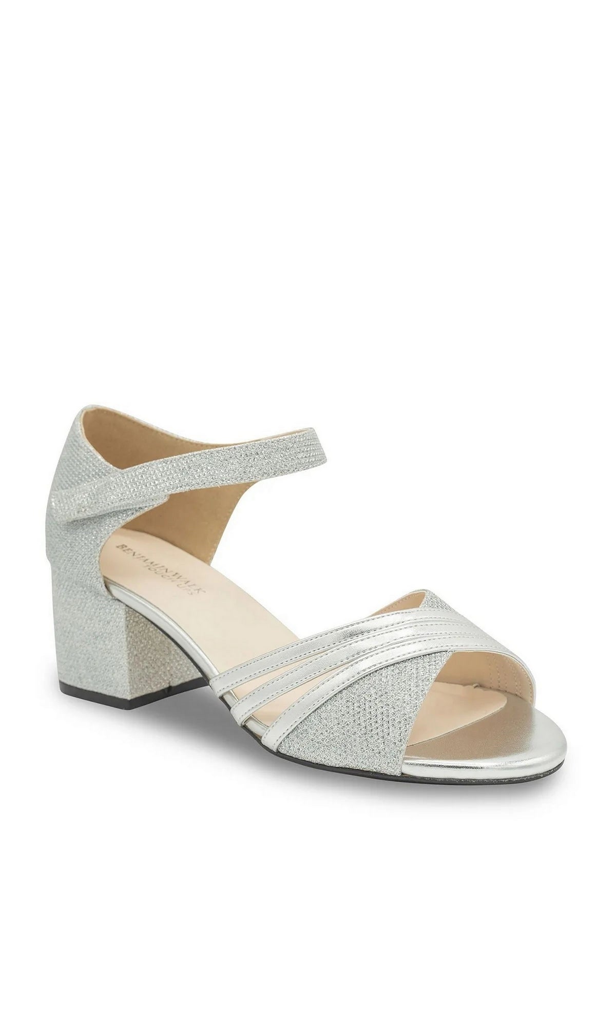 Foster Silver Prom Shoes: Touch Ups 4680 in silver glitter, featuring a block heel, ankle strap, and crisscross toe straps.