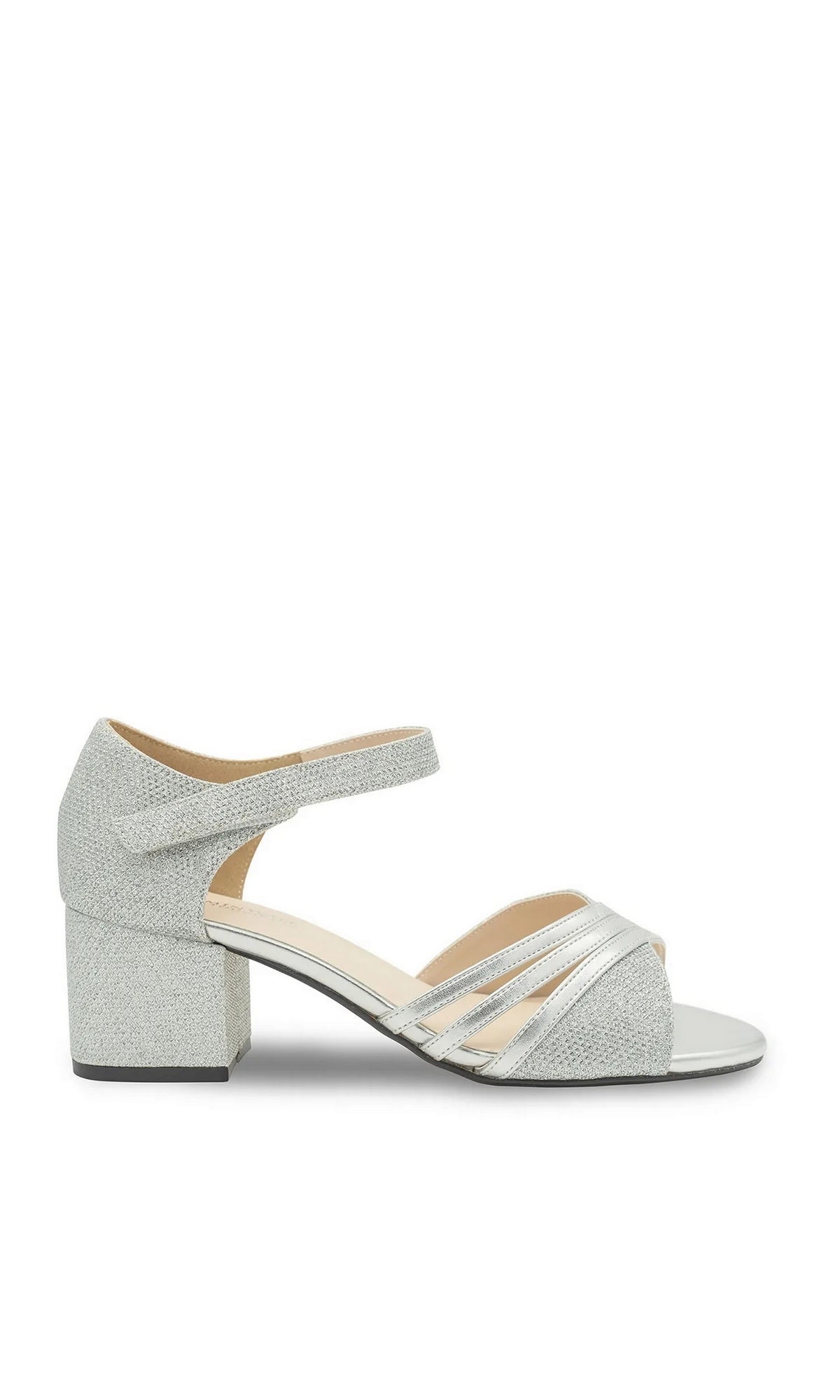 Foster Silver Prom Shoes: Touch Ups 4680 are silver glitter block-heel shoes featuring an ankle strap and a multi-strap toe.