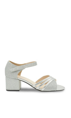 Foster Silver Prom Shoes: Touch Ups 4680 are silver glitter block-heel shoes featuring an ankle strap and a multi-strap toe.