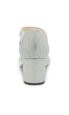 Back view of Foster Silver Prom Shoes: Touch Ups 4680, featuring a silver glitter block heel and an ankle strap.