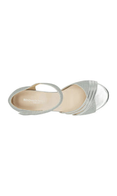Foster Silver Prom Shoes: Touch Ups 4680, a pair of silver metallic block heel shoes with an open toe and ankle strap, viewed from above.