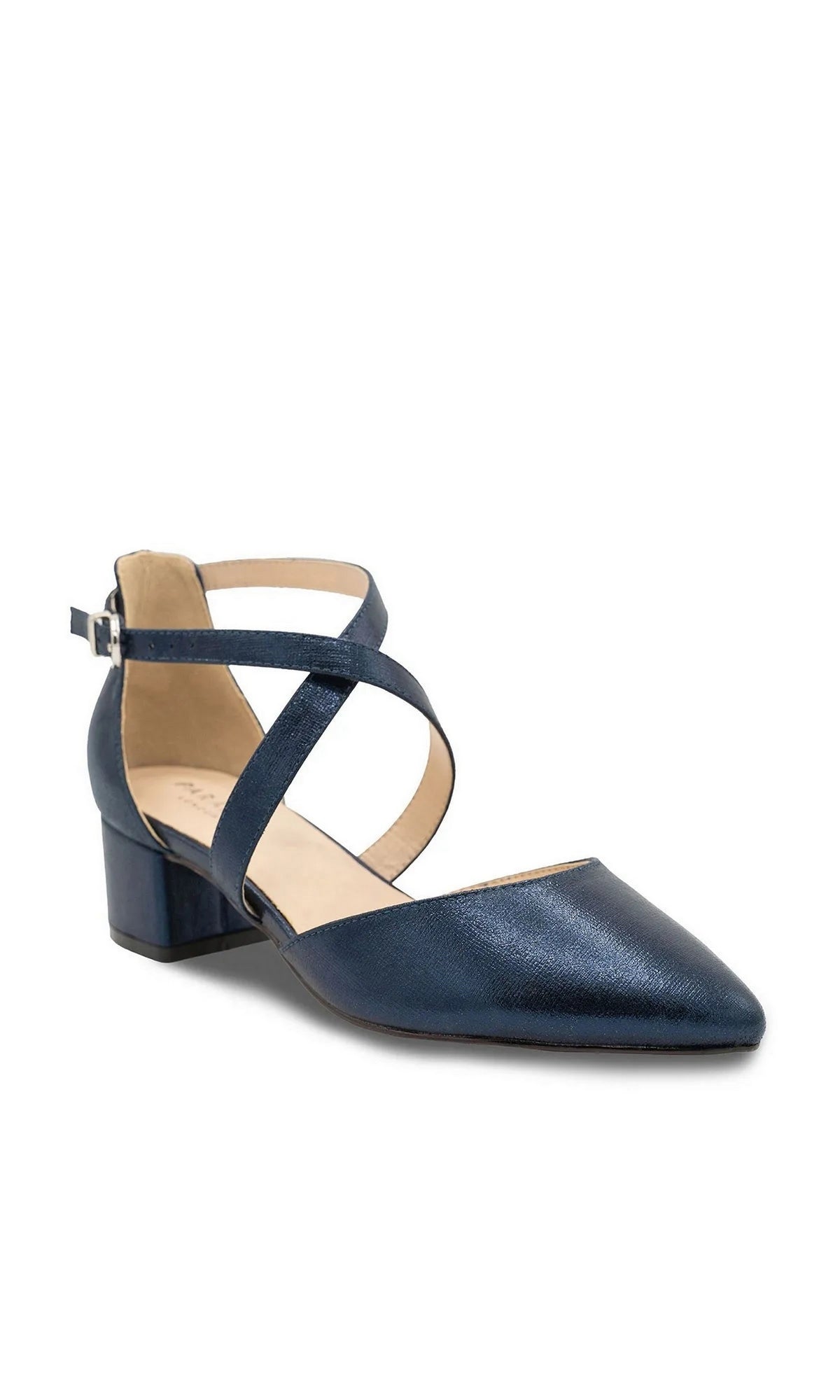 Francis Navy Prom Shoes: Paradox London P2308 navy blue shimmer pumps with a pointed toe, block heel, crisscross ankle straps, and a buckle closure.