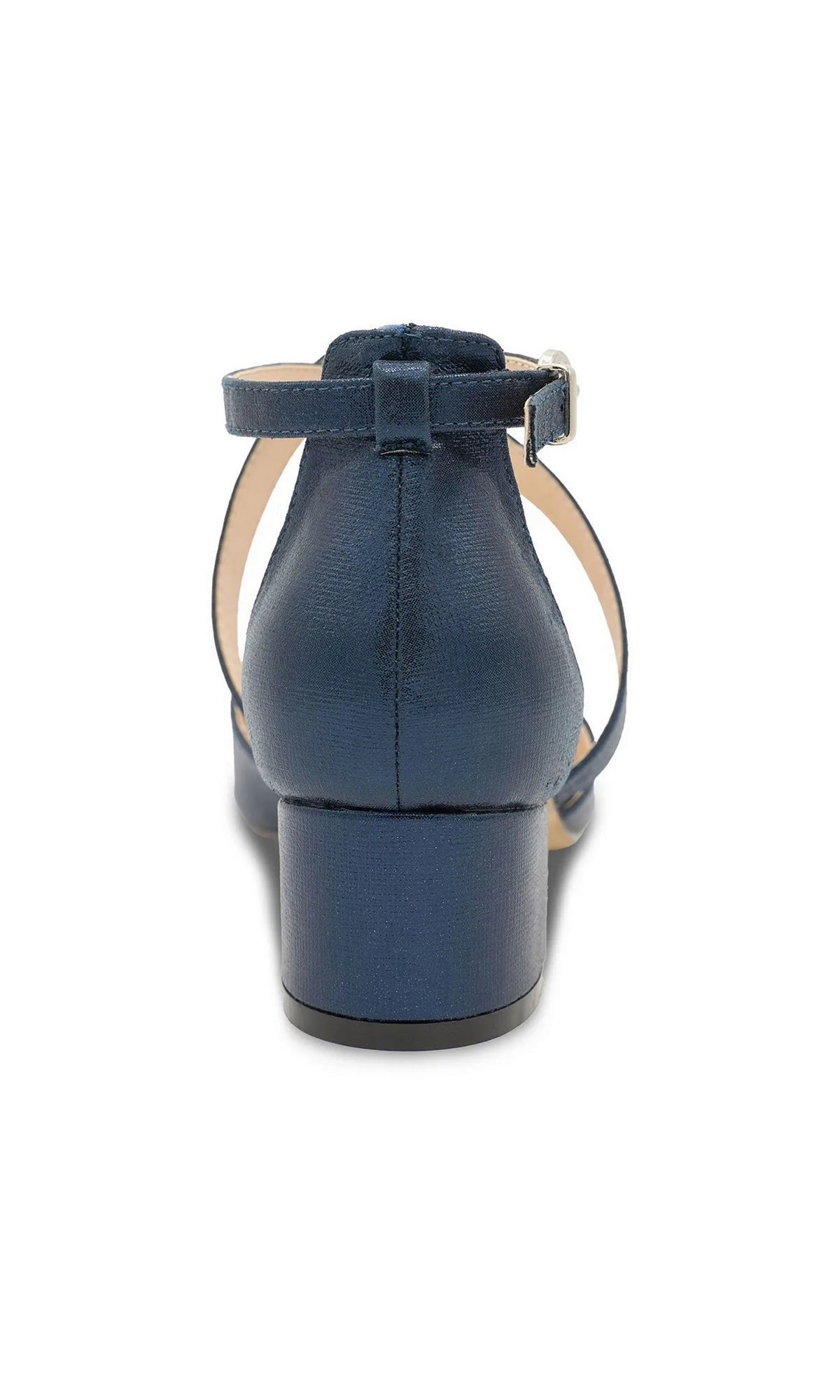 Back view of Francis Navy Prom Shoes: Paradox London P2308, a navy blue low block-heel sandal with an ankle strap, metal buckle, and shimmer finish.