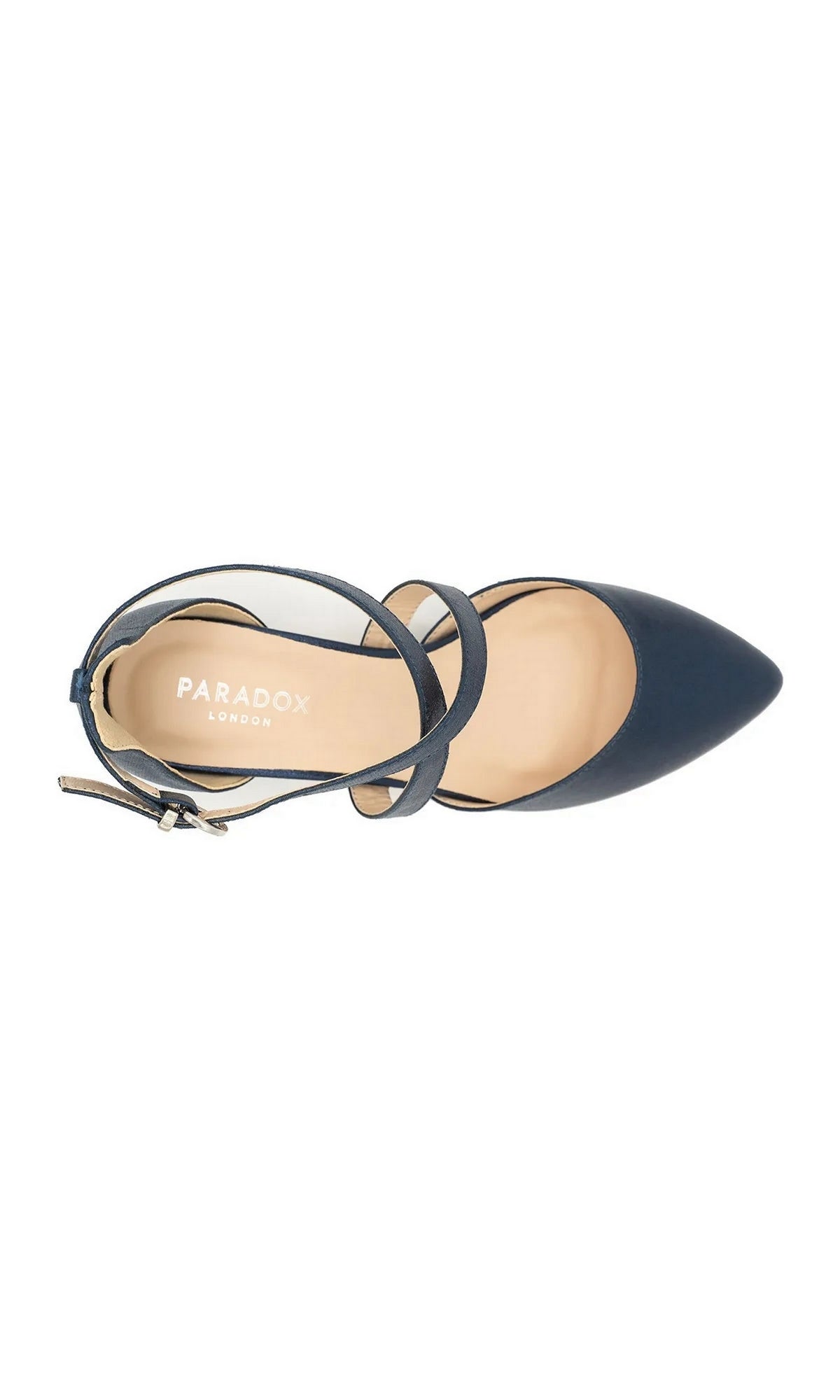 Top-down view of Francis Navy Prom Shoes: Paradox London P2308, featuring navy blue shimmer pumps with a pointed toe, thin ankle straps, and a buckle closure.
