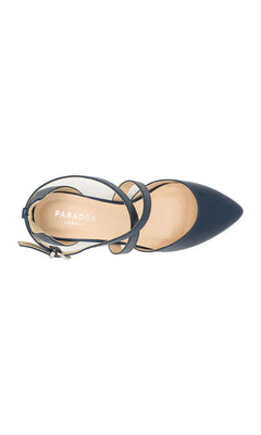 Top-down view of Francis Navy Prom Shoes: Paradox London P2308, featuring navy blue shimmer pumps with a pointed toe, thin ankle straps, and a buckle closure.