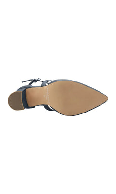 Bottom view of a navy blue Francis Navy Prom Shoes: Paradox London P2308 pointed-toe slingback shimmer pump with a low block heel.