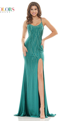A woman poses against a white background wearing the Embellished Lace-Up Long Prom Dress G1052 in fitted teal, featuring bead detailing, a high slit, and a stylish corset back.