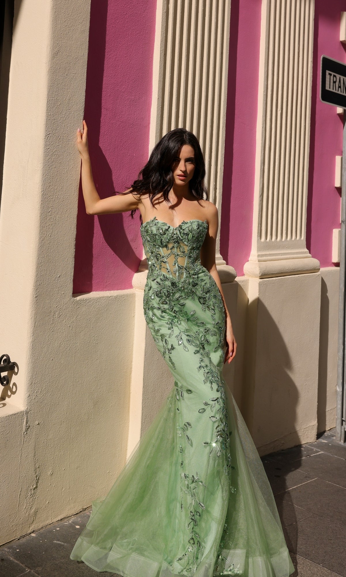 Sheer-Bodice Strapless Mermaid Prom Dress G1258