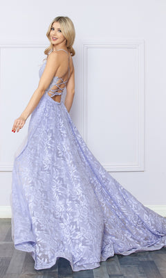 Woman in the Open-Back Long Lace Prom Dress with Train G1353, featuring light purple floral lace and a lace-up back, stands on a wooden floor looking over her shoulder and holding out the elegant skirt.