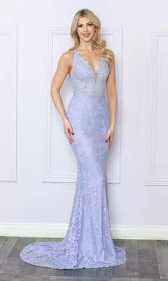 A woman stands indoors wearing the Open-Back Long Lace Prom Dress with Train G1353, a floor-length, sleeveless, light lavender mermaid gown featuring floral lace, a deep V neckline, and a subtle train.