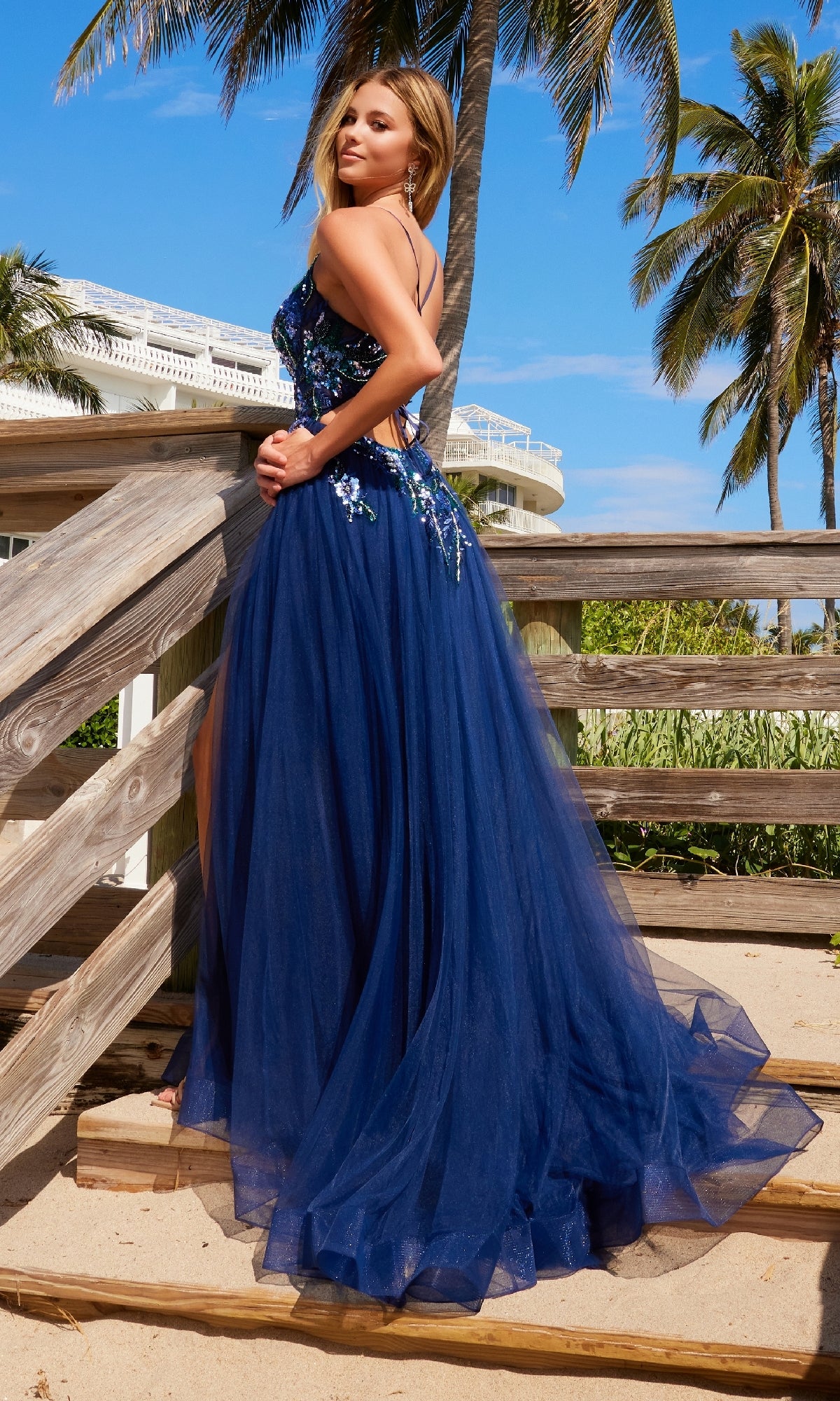 Long A-LIne Prom Dress with Lace-Up Deep V-Neck Corset Navy Blue / 2