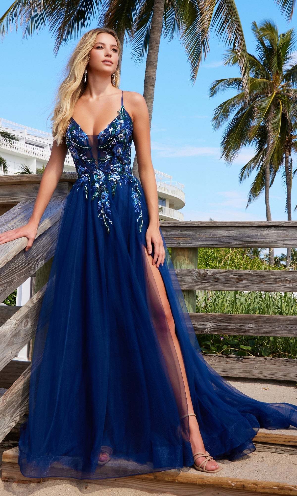 Long A-LIne Prom Dress with Lace-Up Deep V-Neck Corset Navy Blue / 2