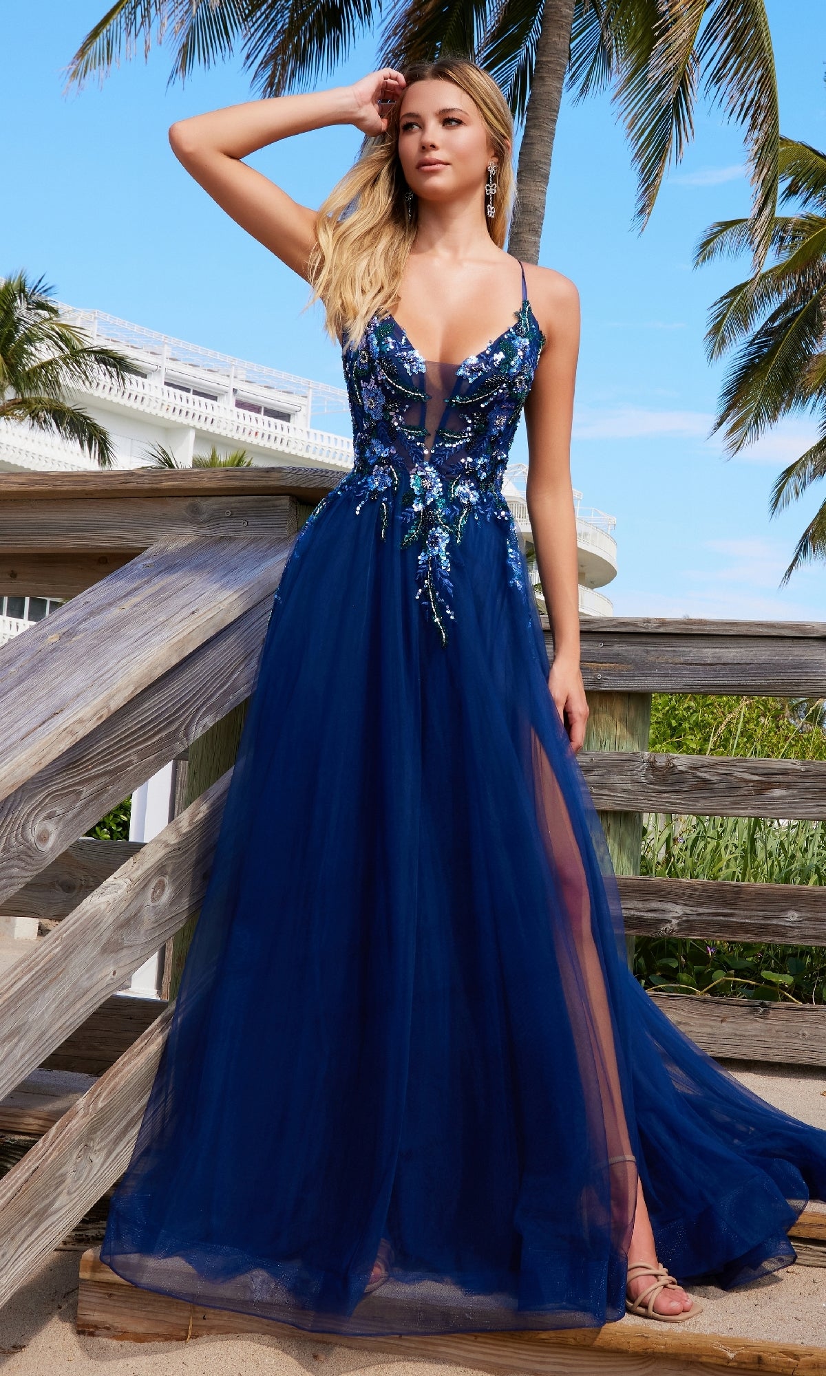 Long A-LIne Prom Dress with Lace-Up Deep V-Neck Corset Navy Blue / 0