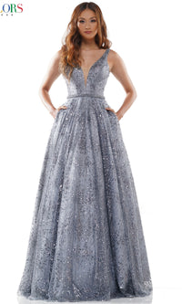 Long Glitter-Tulle Deep V-Neck Prom Ball Gown G942