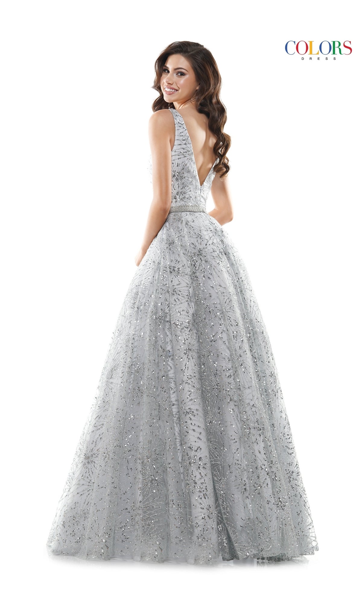 Long Glitter-Tulle Deep V-Neck Prom Ball Gown G942