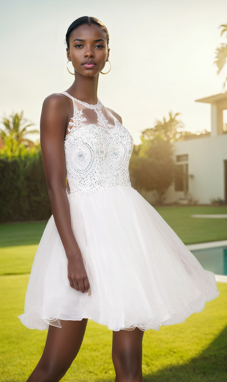 Beaded Embroidered Lace Short Babydoll Party Dress