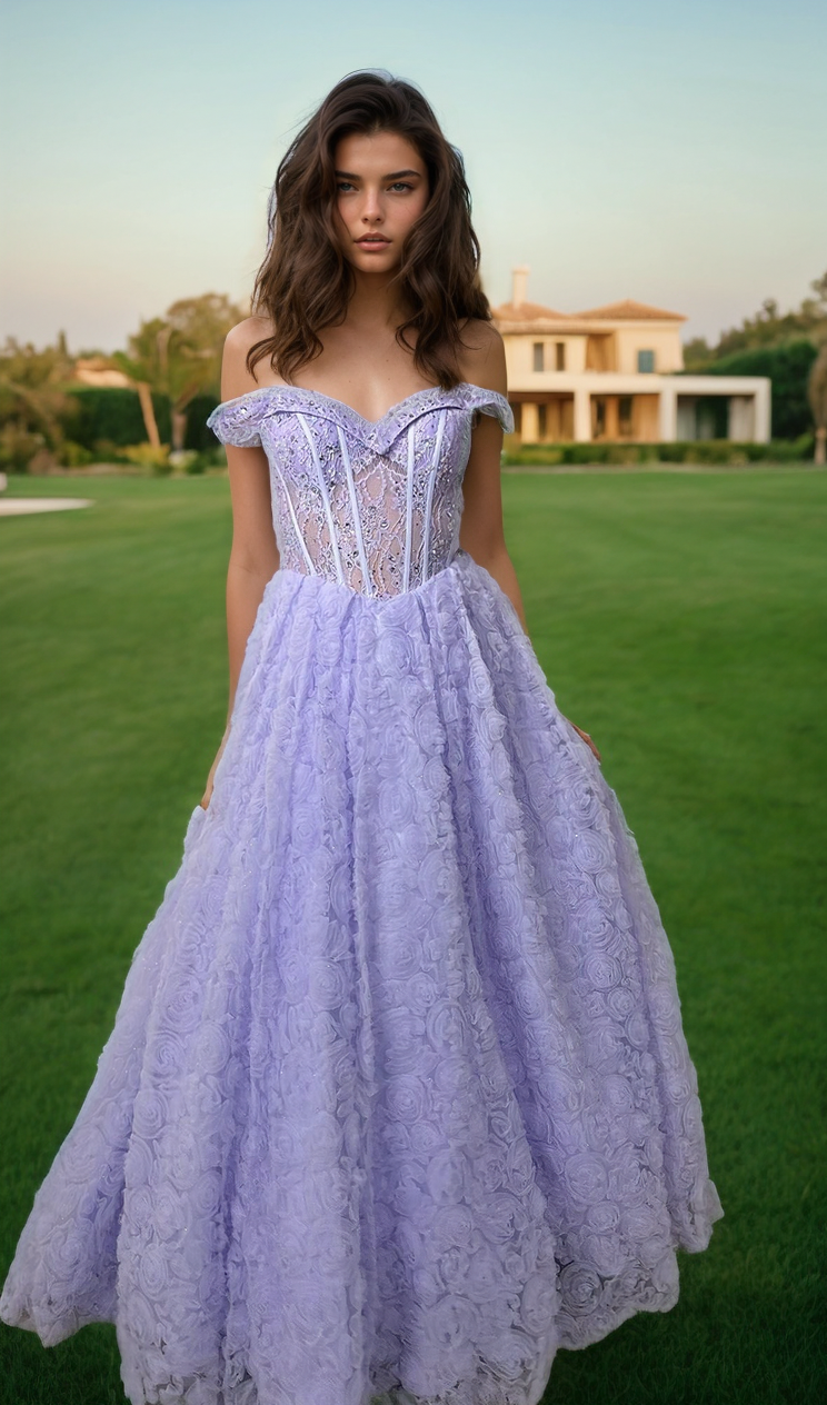 A woman in the Long Prom Dress 11610 by Dave and Johnny, a lilac purple off-the-shoulder ball gown, stands on a green lawn with a large house in the background.