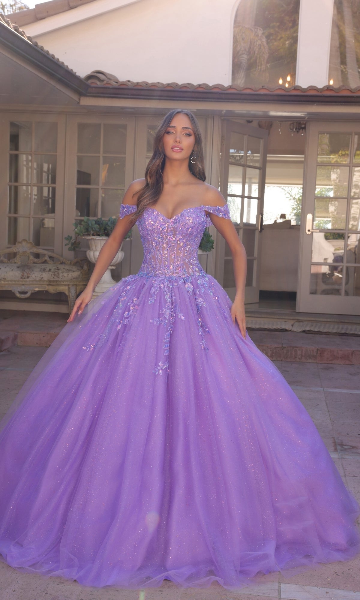 promgirl com prom dresses Embroidered-Bodice Bright Long Prom Dress Lavender / 8