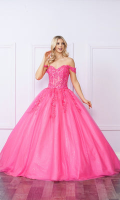 A woman in the Bright Off-the-Shoulder Long Prom Ball Gown H1349, featuring a vibrant pink hue, full skirt, and sequin details, stands against a white paneled wall.