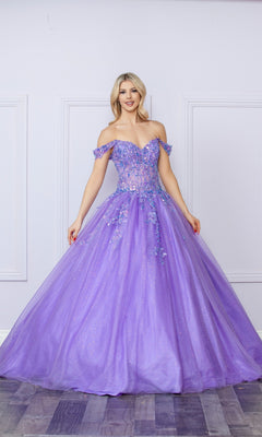 Woman in the Bright Off-the-Shoulder Long Prom Ball Gown H1349, featuring a lavender hue, floral accents, and a full tulle skirt, stands against a white wall with panel molding.