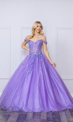 A woman wearing the Bright Off-the-Shoulder Long Prom Ball Gown H1349, featuring a sparkly design and full tulle skirt, stands in front of a white paneled wall.