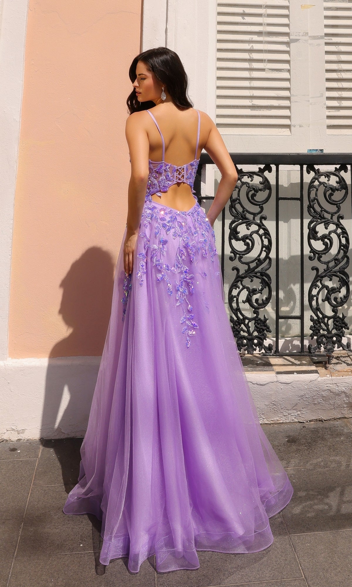 Long tulle a-line formal ball gown with v-neckline and open back