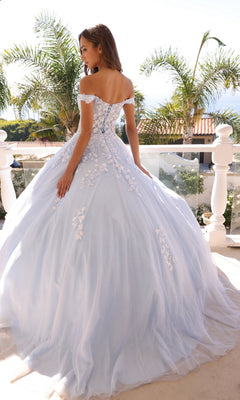 A woman stands on a balcony framed by palm trees, glowing in sunlight, wearing the Off-the-Shoulder Lace-Up Long Prom Ball Gown H1352 in pale blue with floral appliqué details.