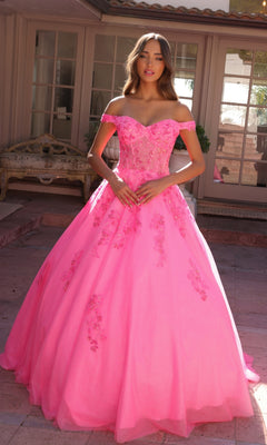 Outdoors, a woman wears the Off-the-Shoulder Lace-Up Long Prom Ball Gown H1352, a bright pink dress with floral embroidery and a full skirt, showcasing the elegance of an embroidered lace ball gown.