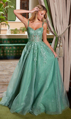 A woman poses indoors beside beige curtains, holding the skirt of her Long Glitter-Tulle Prom Dress: Nox Anabel H1682—a sleeveless mint green gown with sparkling floral embroidery and an A-line silhouette.