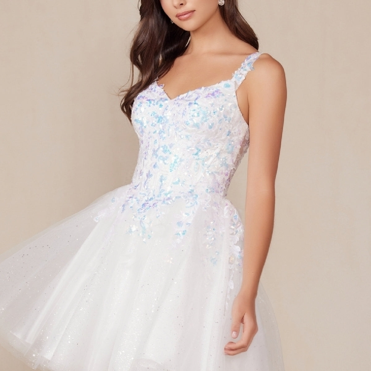 Short White A-Line Homecoming Dress with Glitter