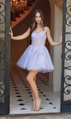A woman stands in a doorway on a black and white tiled floor wearing the Embroidered-Bodice Short A-Line Hoco Dress H846, featuring floral embellishments and a light purple embroidered-lace sweetheart bodice.