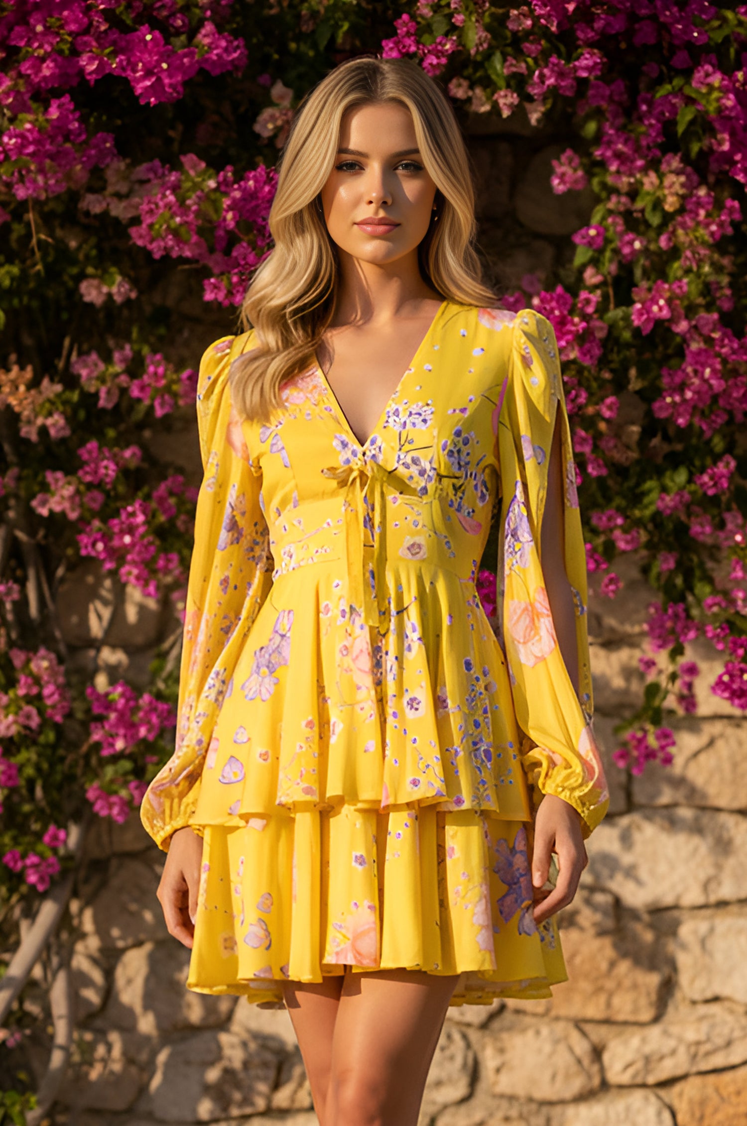 A woman wears the Buttercup Yellow Floral Print Casual Dress: Hannah, featuring ruffled A-line tiers, while standing by a stone wall and blooming pink flowers—an ideal choice for a wedding guest.