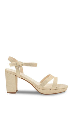 Harmon Champagne Prom Shoes: Touch Ups 4676, featuring champagne-colored glitter sandals with a platform sole, block heel, and an ankle strap with a gold buckle.