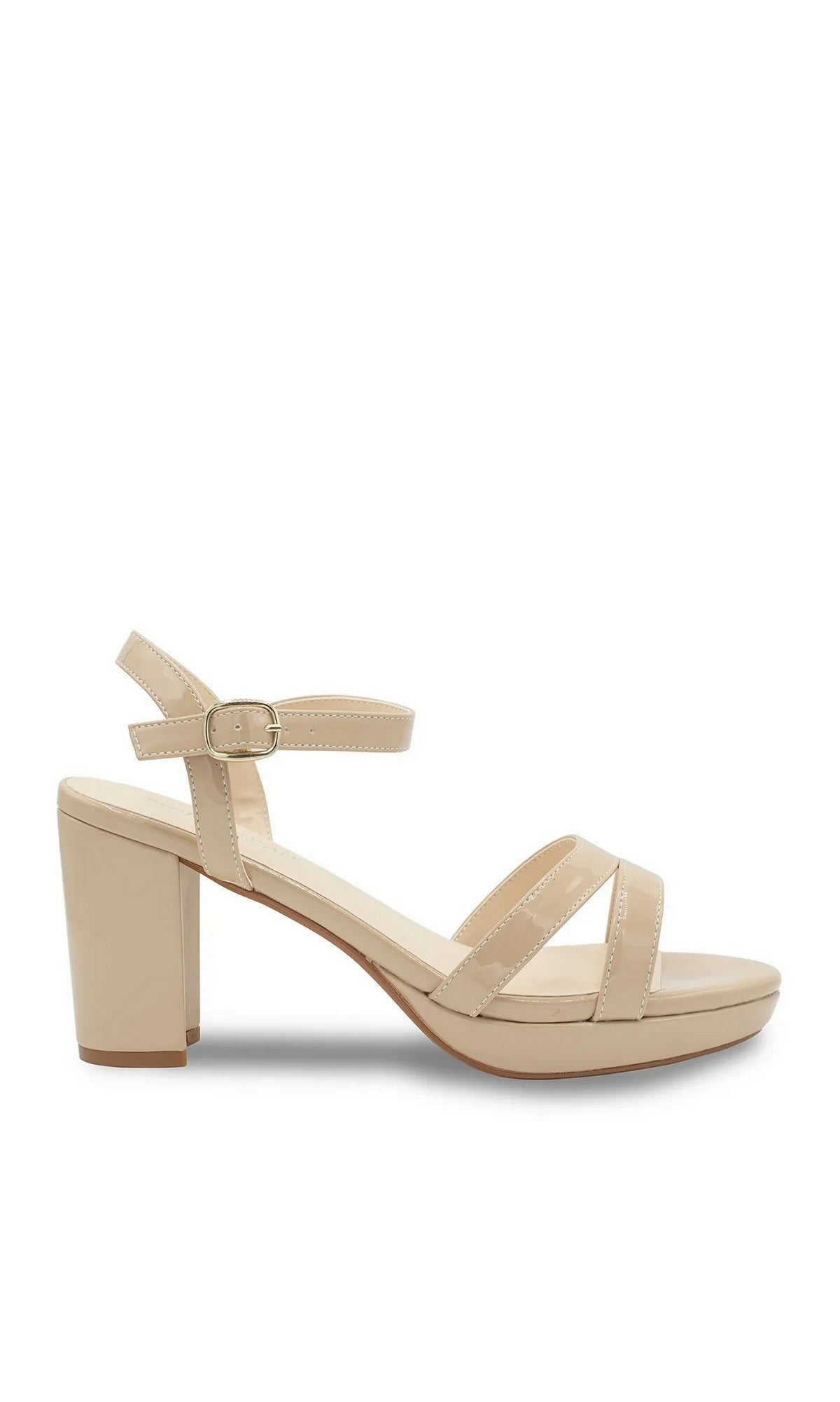 Harmon Nude Platform Prom Shoes: Touch Ups 4675 nude platform block heel sandals with an adjustable ankle strap and gold buckle.