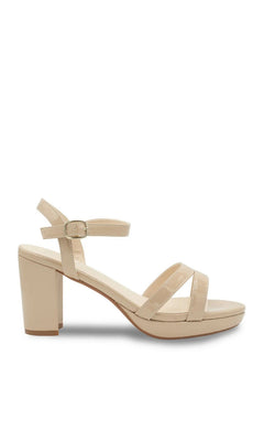 Harmon Nude Platform Prom Shoes: Touch Ups 4675 nude platform block heel sandals with an adjustable ankle strap and gold buckle.