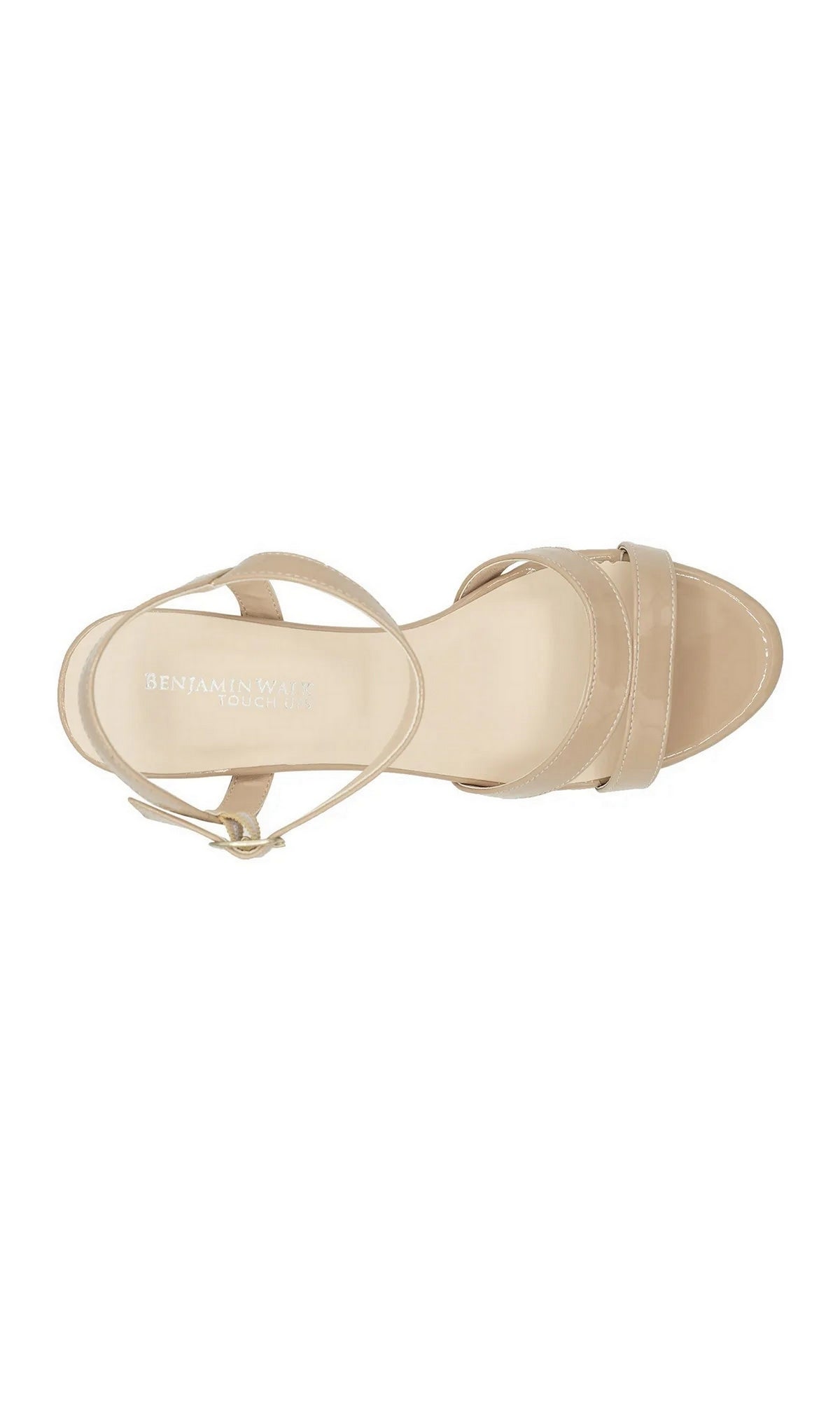 Harmon Nude Platform Prom Shoes: Touch Ups 4675, viewed from above as nude-colored block heel platform sandals with a buckled ankle strap and two front straps.