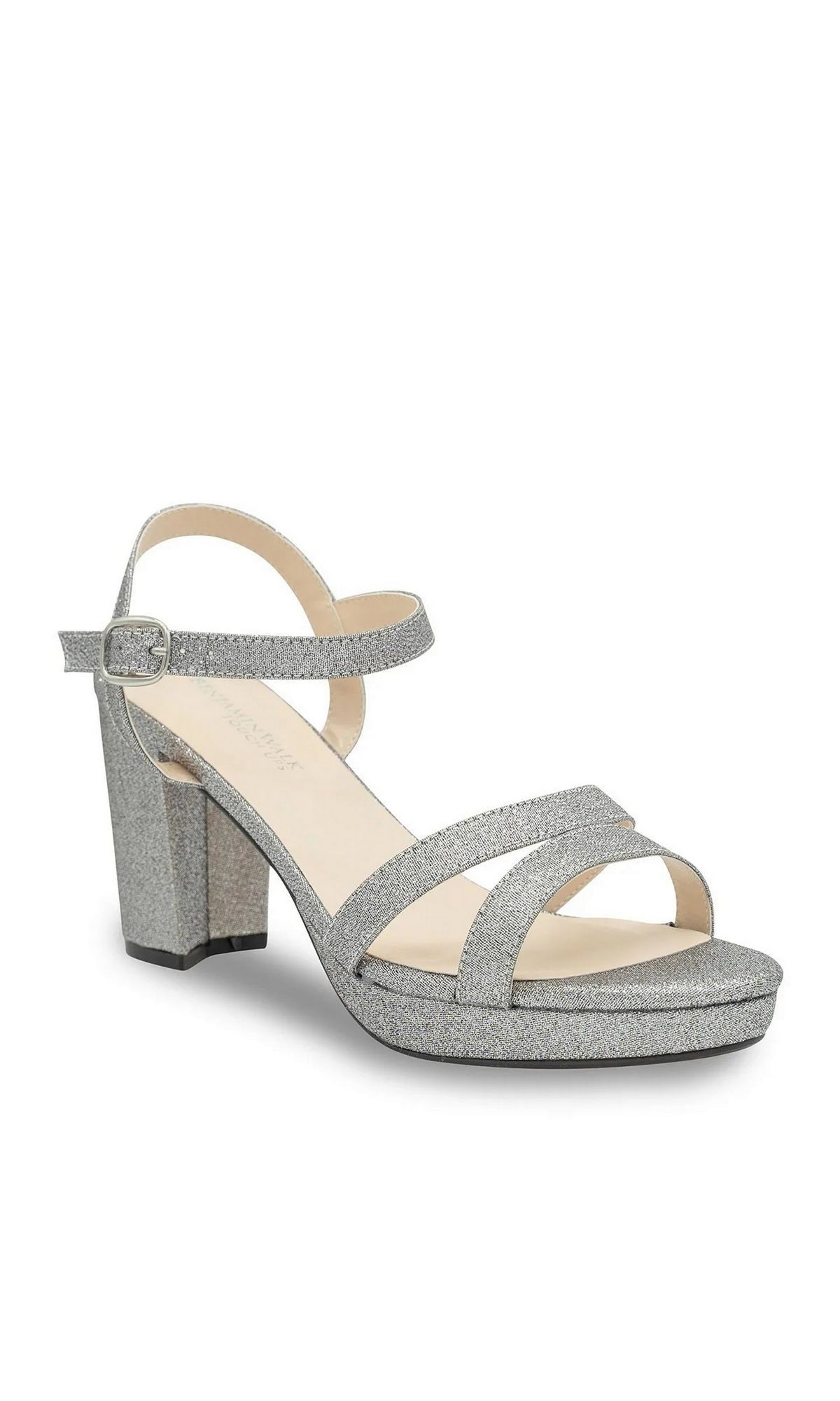 Harmon Pewter Platform Prom Shoes: Touch Ups 4677, a pewter glitter platform sandal with an ankle strap and a comfortable block heel.