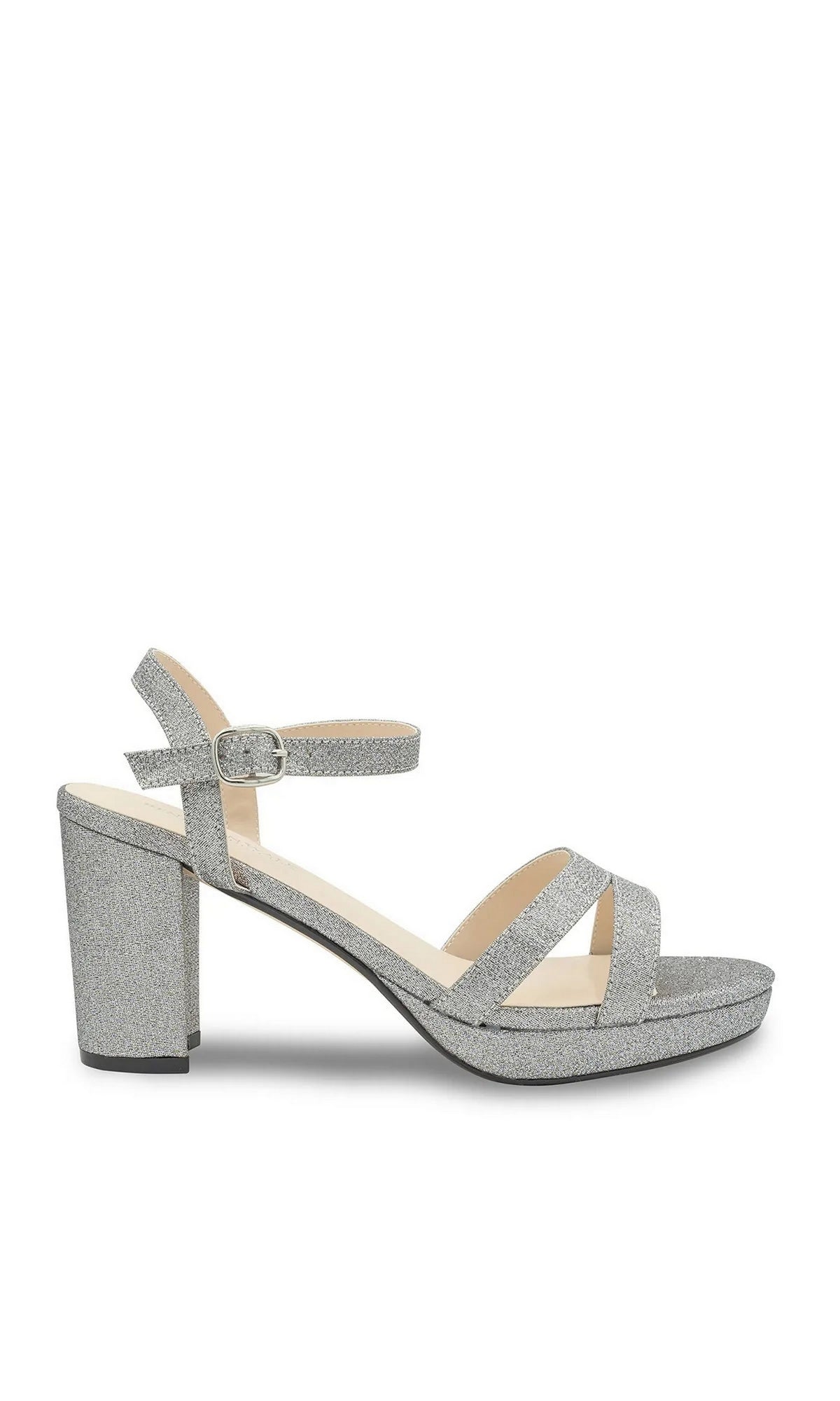 Harmon Pewter Platform Prom Shoes: Touch Ups 4677 are silver glitter platform sandals with an ankle strap and a block heel.