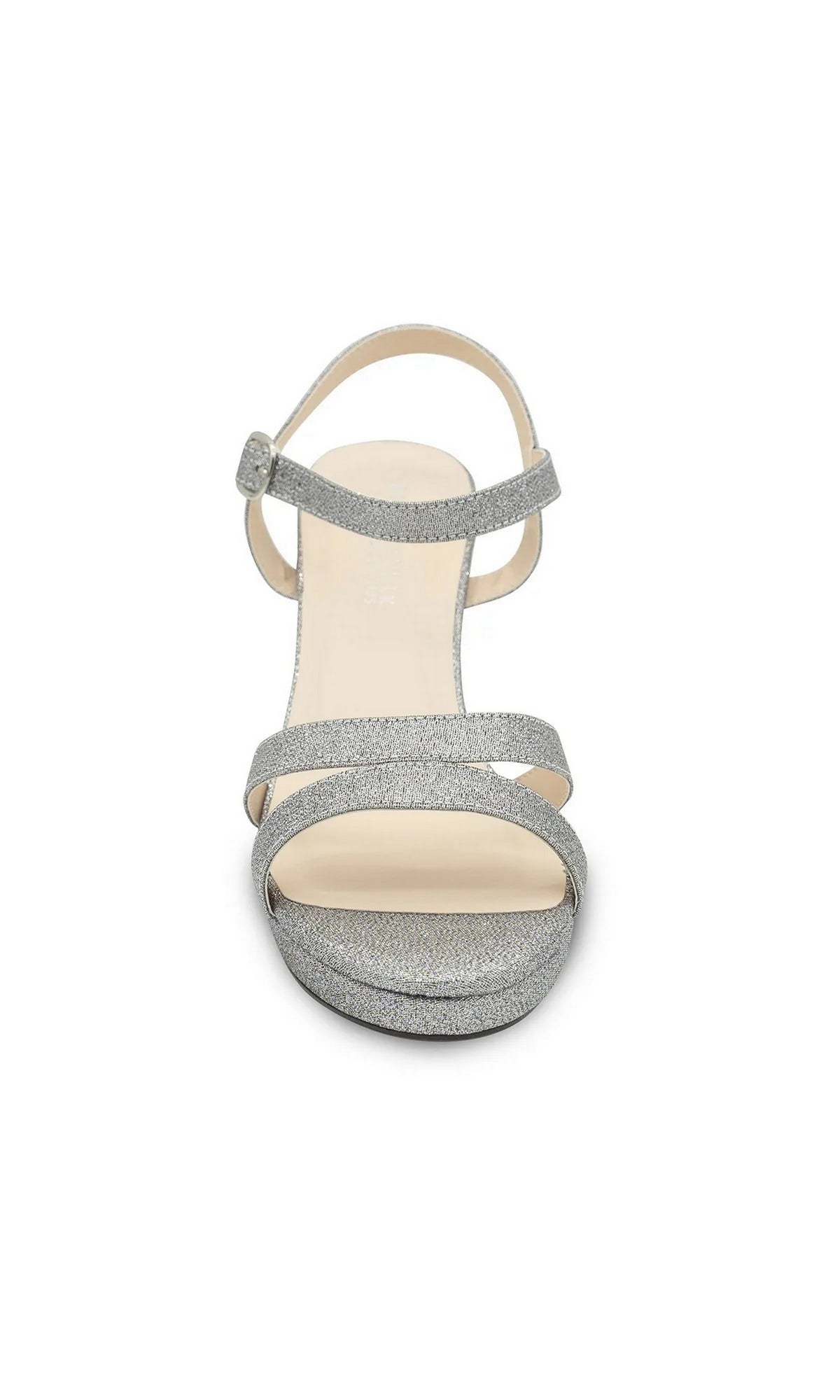 Harmon Pewter Platform Prom Shoes: Touch Ups 4677, a silver glitter platform sandal with a block heel, ankle strap, and buckle.