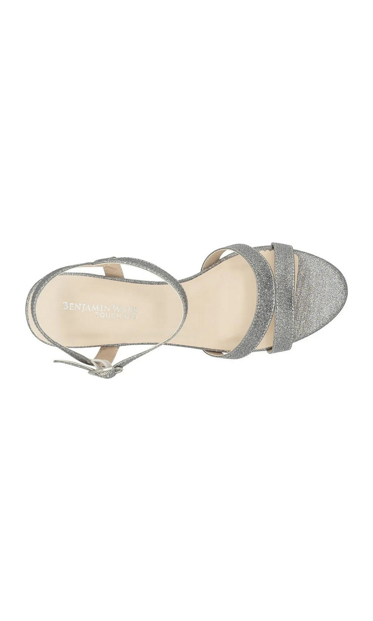 Top-down view of Harmon Pewter Platform Prom Shoes: Touch Ups 4677, a pewter platform sandal with silver glitter and a buckled ankle strap.